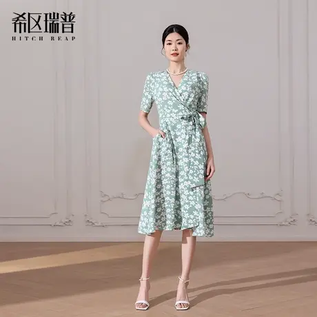 希区瑞普法式印花连衣裙女夏季新款气质显瘦修身中V领长款裙子图片