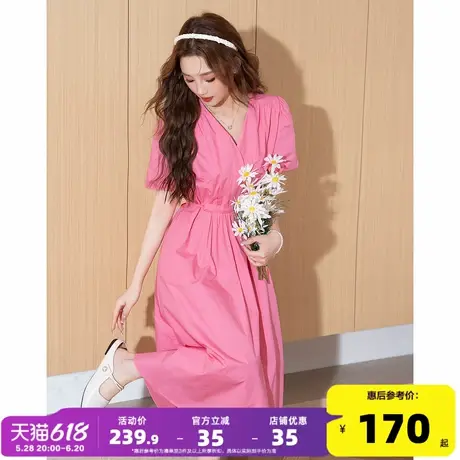 唐狮2025夏季新款女V领短袖修身连衣裙长裙多巴胺收腰显瘦气质l3图片