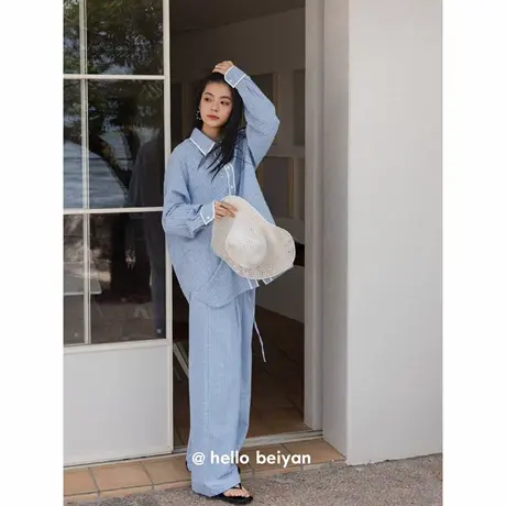 贝妍睡衣女款春秋季柔软棉长袖家居服复古撞色条纹衬衫款慵懒套装图片