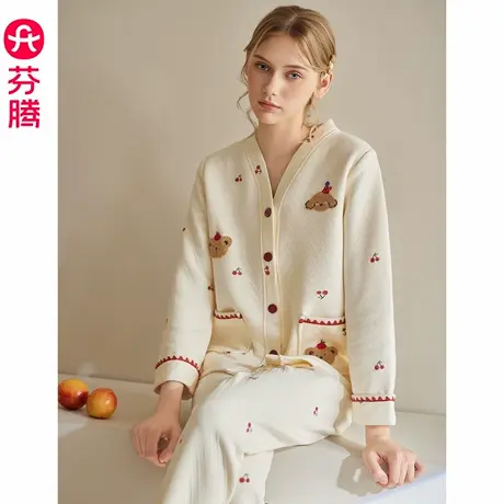 芬腾睡衣女秋冬季新款空气棉夹层纯棉长袖女款休闲大码家居服套装商品大图