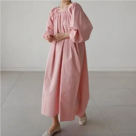 夏装新款七分泡泡袖套头连衣裙女过膝长款韩版宽松大码松紧圆领裙图片