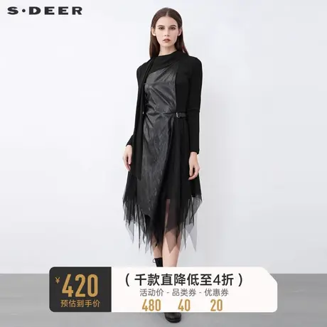 sdeer圣迪奥冬装圆领拼接网纱不规则长袖连衣裙S21481207图片