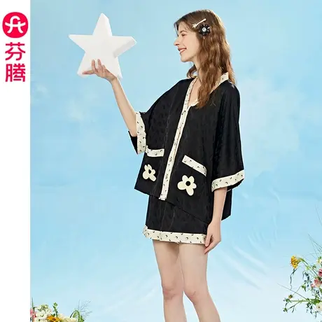 芬腾睡衣女短袖夏季薄款冰丝V领开衫薄款仿真丝绸大码家居服套装图片