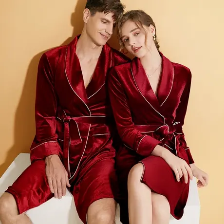 结婚晨袍女新娘睡衣婚礼新婚情侣金丝绒秋冬季本命年红色睡袍春秋图片