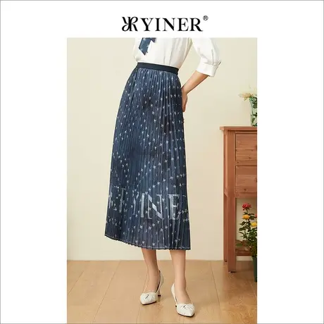 YINER音儿女装2022夏季字母印花竖坑百褶半身裙图片