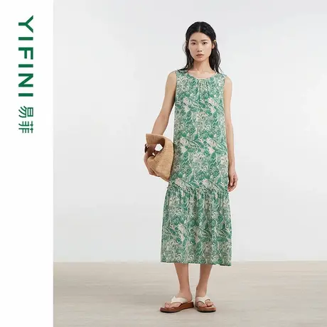 [专柜同款]Yifini/易菲100%真丝印花无袖连衣裙女百搭慵懒感裙子图片