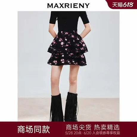 【商场同款-25春新品】MAXRIENY粉玫瑰复古浪漫短裙蕾丝花边半裙图片