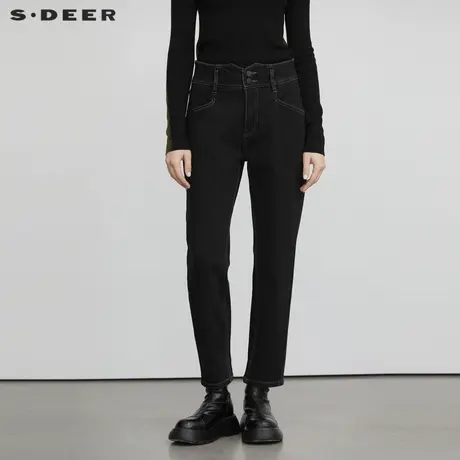 sdeer圣迪奥女装时尚高腰插袋黑色直筒长裤S22480807商品大图