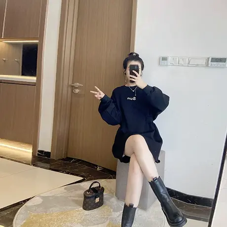 气质卫衣裙子中长款大码胖mm加绒加厚冬季连衣裙巨显瘦女装2024年图片