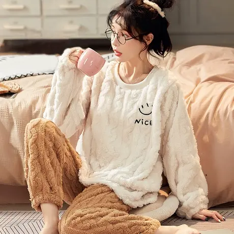 珊瑚绒睡衣女士秋冬款加绒加厚法兰绒家居服套装2023年新款可外穿商品大图