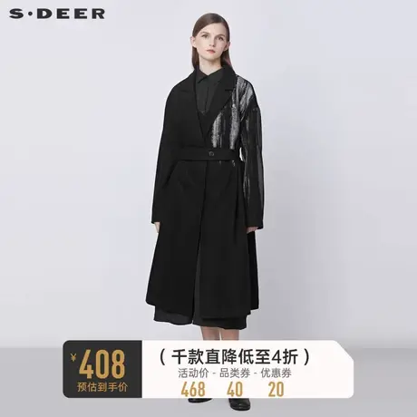 sdeer圣迪奥冬西装领撞色印花收腰长款毛呢大衣S21481822图片