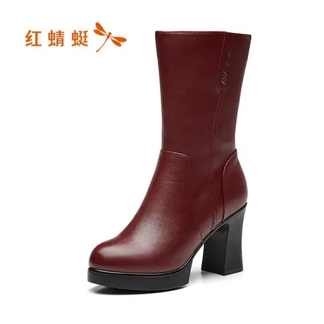 红蜻蜓女鞋2023冬季新款真皮粗跟女棉靴加绒保暖中筒靴时装靴图片