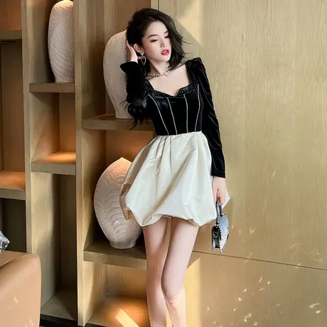 法式名媛风拼接设计感小众蓬蓬裙短款洋气显瘦修身丝绒连衣裙女装图片