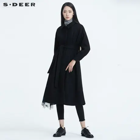 sdeer圣迪奥女装复古翻领收腰印花网纱拼接黑色毛呢大衣S20461808图片