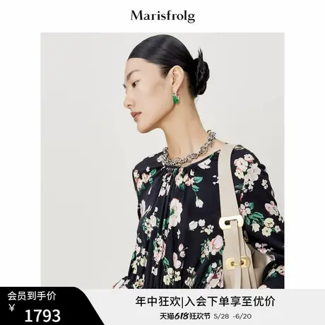 【艺术匠坊】玛丝菲尔时尚气质圆领褶裥花稿印花斜裁宽松连衣裙女图片