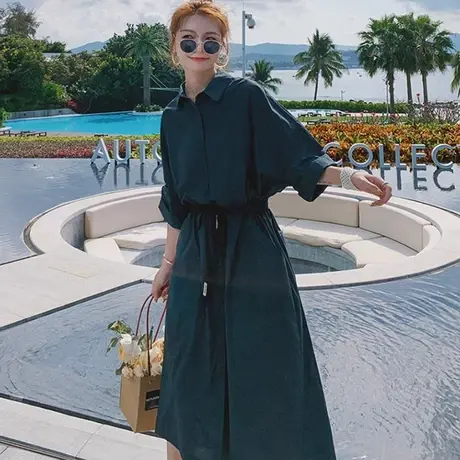 夏季新款五分袖轻熟风休闲高腰衬衫裙女士时尚优雅墨绿色连衣裙潮图片