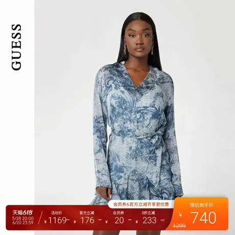 GUESS25年新款春季女士气质典雅印花V领梭织连衣裙-W5RK35WDW82图片
