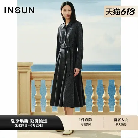 INSUN恩裳专选气质收腰捏褶衬衫亚麻连衣裙图片