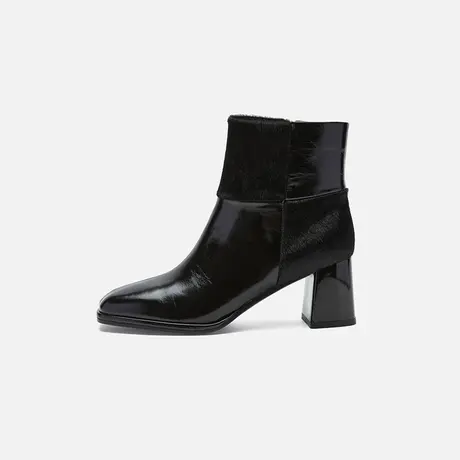 奥莱专供Nine West/玖熙2025冬时装靴女方头高跟拼接毛皮短靴通勤图片