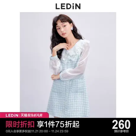 乐町甜美小香风连衣裙休闲秋季新款奶蓝气质拼接纱少女感格纹裙子图片