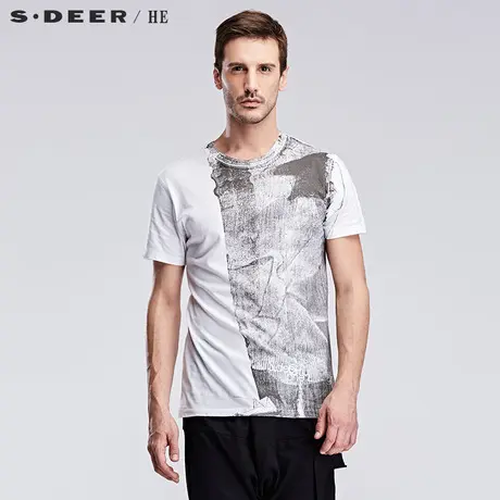S.Deer/He【惠】圣迪奥斑驳印花圆领短袖全棉男士T恤H14270149图片
