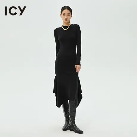 icy春秋新款优雅简约纯色针织半高领长袖鱼尾连衣裙女图片