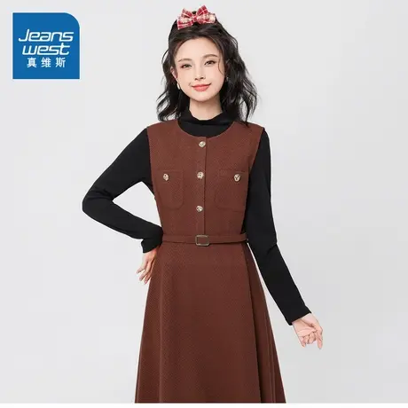 G8真维斯女装2025春季新款 时髦裙子蛇年酒红色中长款淑女连衣裙图片