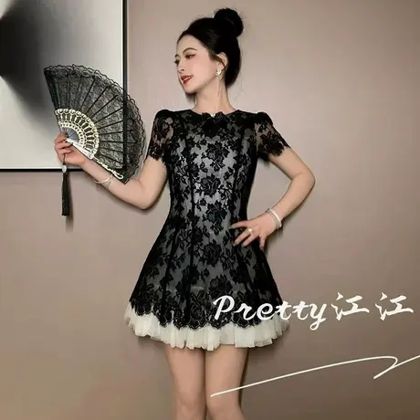 蕾丝刺绣名媛风高定赫本连衣裙女夏轻奢气质高级感重工收腰小黑裙图片