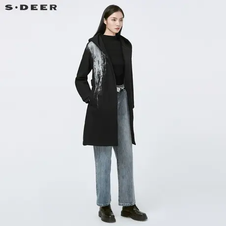 sdeer圣迪奥冬季休闲连帽撞色印花收腰长款毛呢大衣女S20481807图片