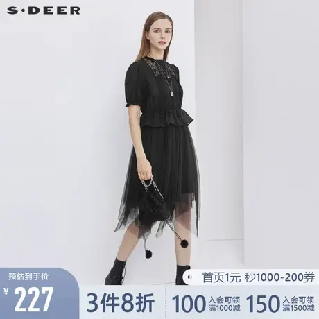 sdeer圣迪奥夏时尚圆领抽褶网纱拼接短袖连衣裙S21261224图片