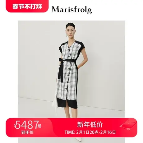 【新能量黑裙】玛丝菲尔夏季新款女装黑白格纹V领落肩无袖连衣裙图片