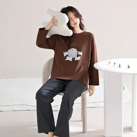 婷美秋冬款睡衣女纯棉长袖圆领套头学生宿舍套装家居服春秋季外穿图片