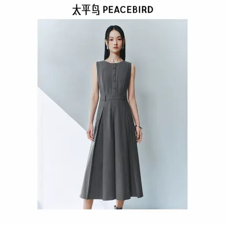 太平鸟无袖百褶连衣裙女2025春新款镂空收腰伞裙原来背心裙气质图片