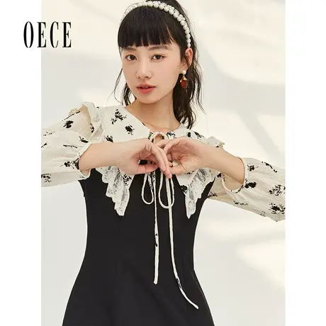 Oece复古碎花连衣裙早秋女装撞色假两件裙子气质淑女裙图片