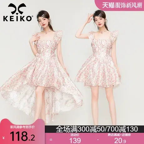 KEIKO郁金香碎花雪纺裙夏季海边度假垂坠感前短后长小飞袖连衣裙图片