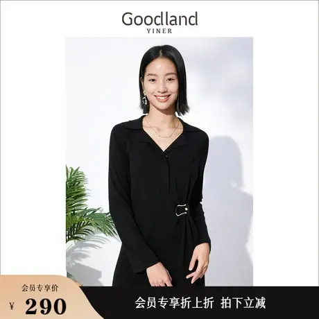 *Goodland美地女装秋季喇叭袖口V领法式收腰针织连衣裙图片