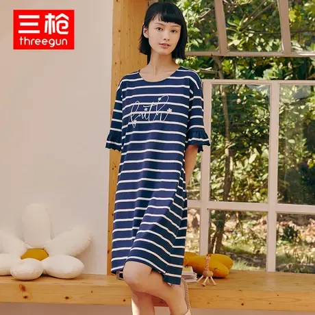 三枪睡裙女纯棉春夏水柔棉宽松圆领短袖中裙轻薄透气彩条纹家居裙图片