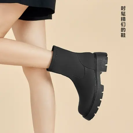 卓诗尼时装靴2023流行短靴秋冬新款软皮加绒高级感女靴显腿细女鞋图片