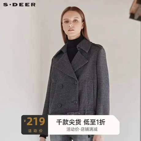 sdeer圣迪奥女翻领双排扣英伦风撞色格纹收腰短款外套S19462209商品大图