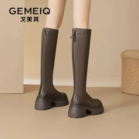 戈美其厚底小个子高跟长筒靴女2024新款秋冬不过膝增高棕色骑士靴图片