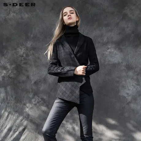sdeer圣迪奥女装2017冬装不规则斜襟平驳领休闲西装外套S15482232图片