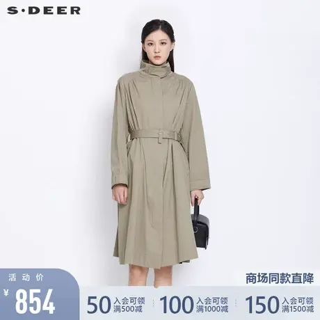 sdeer圣迪奥女装春秋装休闲立领收腰开衩通勤长款风衣S21381804图片