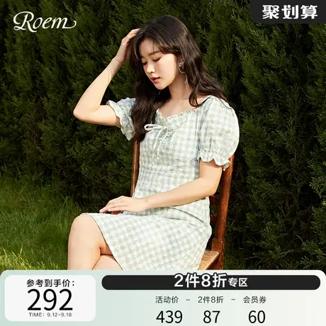 Roem高腰甜美花瓣袖商场同款新品法式格纹清新甜美高腰连衣裙图片