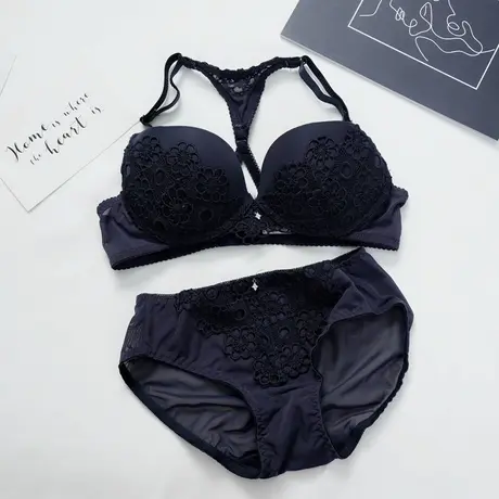 荷韵阁性感蕾丝美背刺绣无钢圈内衣女小胸上托聚拢调整型文胸套装图片