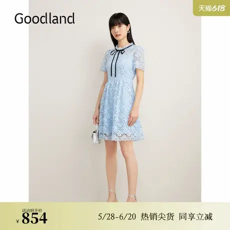 【博主同款】Goodland美地夏季蕾丝赫本蝴蝶结收腰连衣裙图片