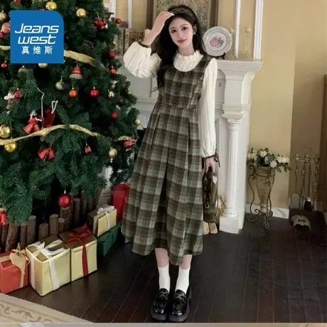 LE真维斯女装小清新连衣裙 2025秋季新品 设计感假两件格子裙女图片