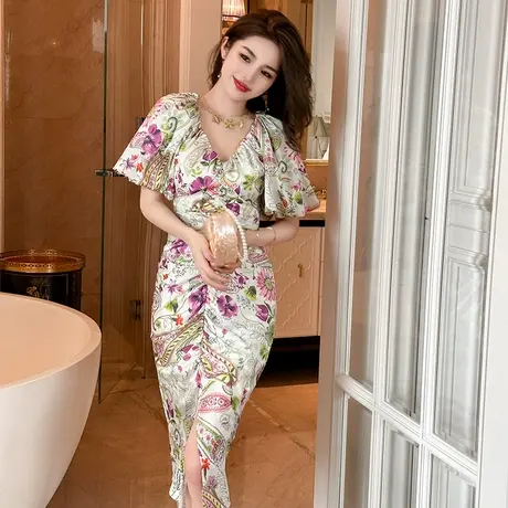 轻熟风显瘦微胖女生连衣裙中长款夏季碎花温柔风修身V领开叉裙子图片