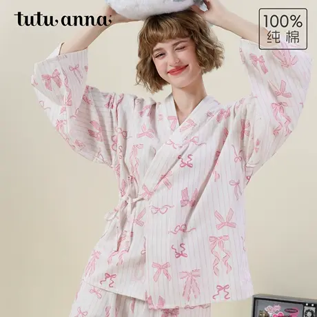 tutuanna秋冬全棉睡衣女磨毛竖条纹蝴蝶结满印长袖和服家居服套装图片