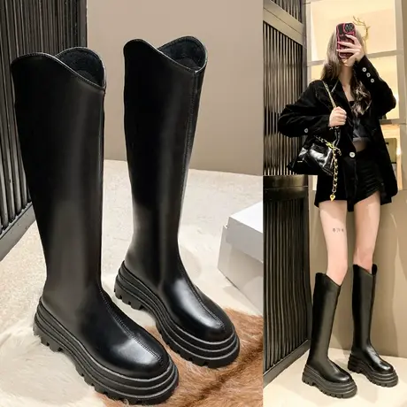 厚底长筒靴女小个子粗腿秋冬季加绒长靴子高跟显瘦V口高筒骑士靴图片