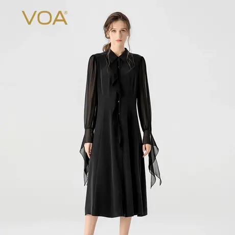 VOA30姆米重磅桑蚕丝黑色POLO领长袖单排扣不对称活页真丝连衣裙图片